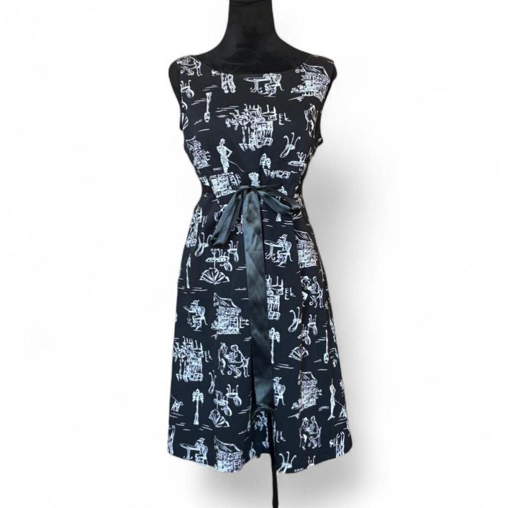 90s Fitted Black Novelty Dress – Retro Paris Print A-Line 10